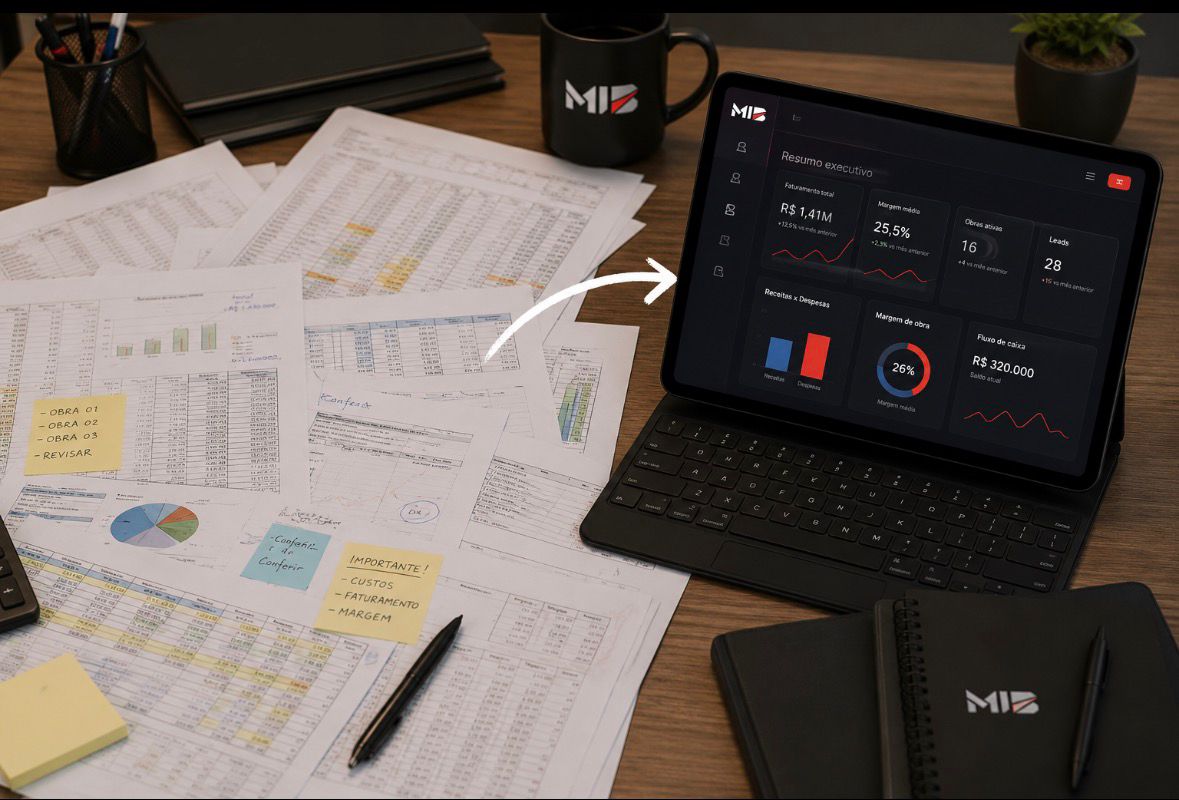 Mesa de trabalho com documentos de obra e um painel no tablet